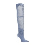 New women's washed blue high leg denim boots with pointed tips, thin high heels, and spicy girl pockets patchwork for knee high boots, trendy