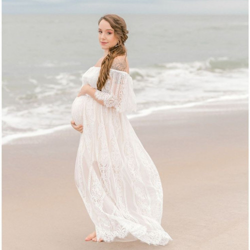Amazon Foreign Trade Pregnant Women's Lace Dress One Line Neck Daily Pregnant Women's Lace Long Dress Pregnant Women's Photography