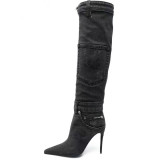 Autumn and Winter New High Heel Cowboy Boots with Washed Pocket Design Pointed High Heel Sexy Motorcycle Cross border Knee Length Boots