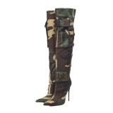 Foreign trade knee high boots, pointed high heels, camouflage willow nails, cross-border exclusive supply for fashion, oversized motorcycles, women's long boots, trendy