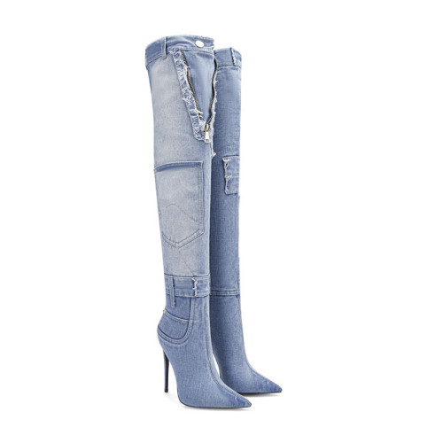 New women's washed blue high leg denim boots with pointed tips, thin high heels, and spicy girl pockets patchwork for knee high boots, trendy