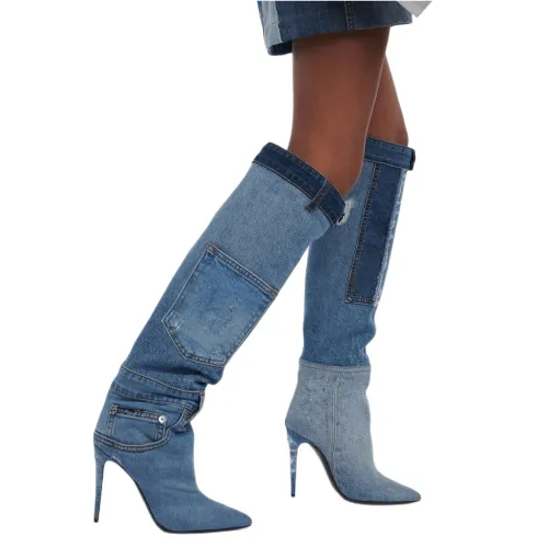Autumn and Winter New High Heel Cowboy Boots with Washed Pocket Design Pointed High Heel Sexy Motorcycle Cross border Knee Length Boots