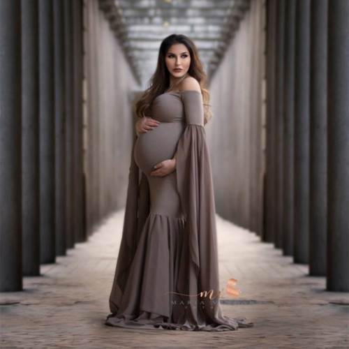 Pregnant women's photo shoots, chiffon dresses, long dresses, one line neckline elastic maternity photography dresses, long dresses