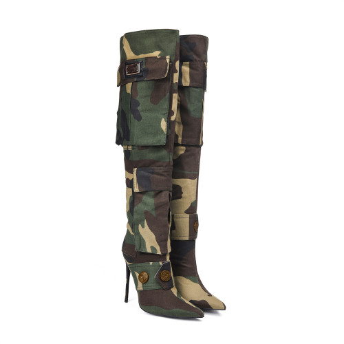 Foreign trade knee high boots, pointed high heels, camouflage willow nails, cross-border exclusive supply for fashion, oversized motorcycles, women's long boots, trendy