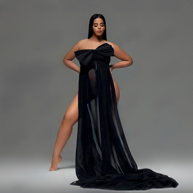Super long bow pregnant woman photography dress Amazon pregnant woman photo shoot bow strapless long dress