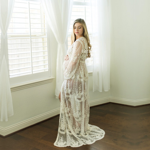 Weaving lace cardigan long dress, pregnant woman's hollowed out lace dress