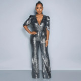 CY900991 European and American Amazon cross-border hot selling sexy V-neck half sleeve slim fit sequin party jumpsuit for women