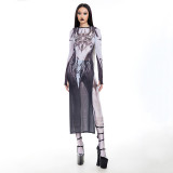 Q23DS739 European and American cross-borde niche new design anime print mesh round neck long sleeved dress for women