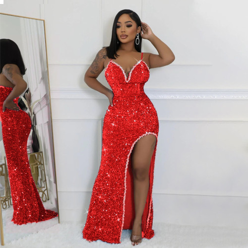 CY900983 European and American Amazon sexy suspender V-neck sequin high slit evening dress fashionable slim fit dress