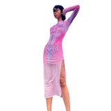 Q23DS739 European and American cross-borde niche new design anime print mesh round neck long sleeved dress for women