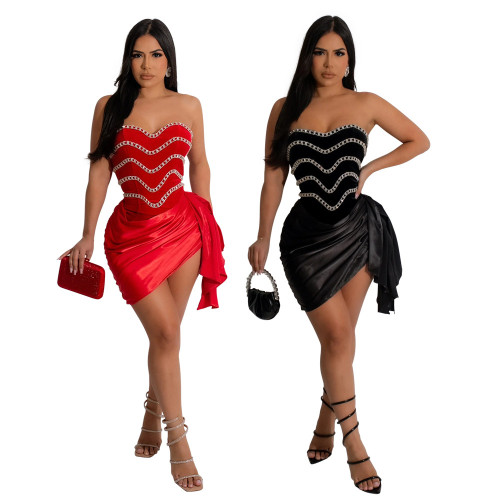 900966 European and American bra irregular solid color hot diamond short dress for women's foreign trade slim fit bag buttocks