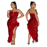 CY901035 Hot selling new sexy strapless high slit sequin solid color dress on Amazon's foreign trade in Europe and America