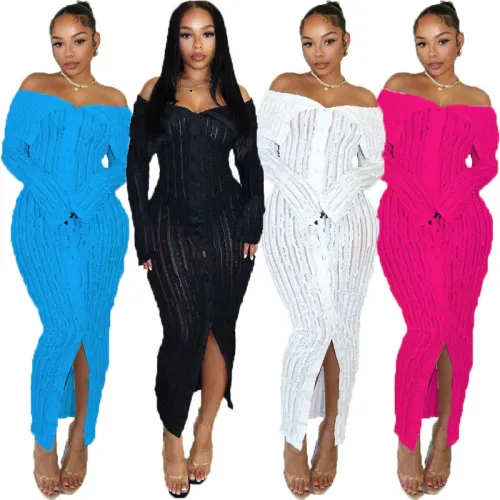 Amazon's best-selling European and American fashionable and elegant one line collar sexy buttocks wrapped skirt design with wave pattern long sleeved dress
