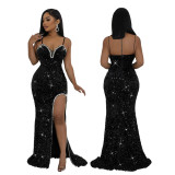 CY900983 European and American Amazon sexy suspender V-neck sequin high slit evening dress fashionable slim fit dress