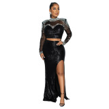 CY900986 European and American fashion round neck mesh sequin long sleeved top paired with high slit long skirt two-piece set for women