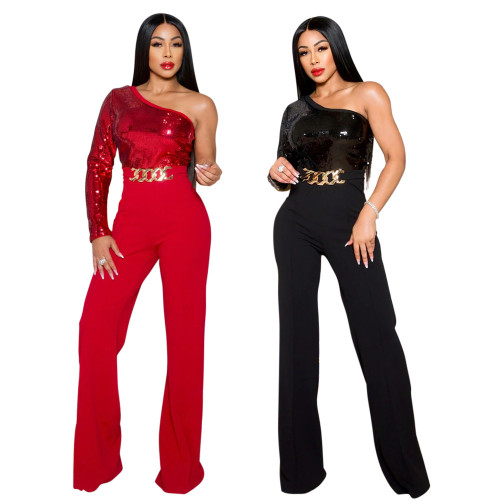 CY901017 European and American Amazon Foreign Trade New Fashion Single Shoulder Sleeve Sequin Spliced Direct Merit Cloth Slim Fit jumpsuit