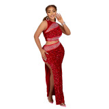 CY901000 European and American sleeveless short top paired with high slit wrapped hip skirt, hot diamond sequin two-piece set for women