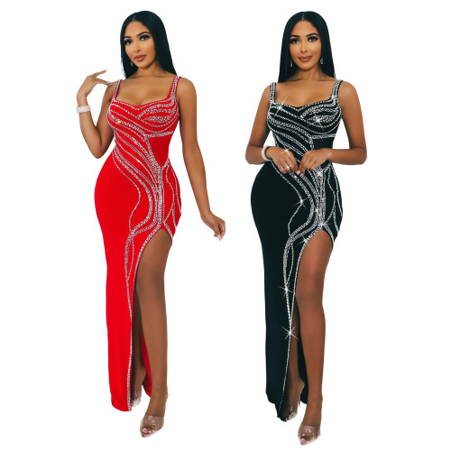 CY900975 European and American Amazon Foreign Trade Hot Selling New Fashion Sling Solid Color Hot Diamond High Split Dress