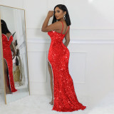 CY900983 European and American Amazon sexy suspender V-neck sequin high slit evening dress fashionable slim fit dress