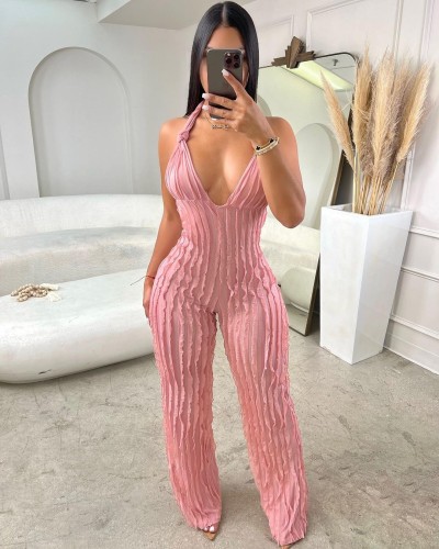 D23JP059 Cross border Women's Wear European and American Style Summer Wave Pattern Sexy Wrapped Chest Tie Casual jumpsuit