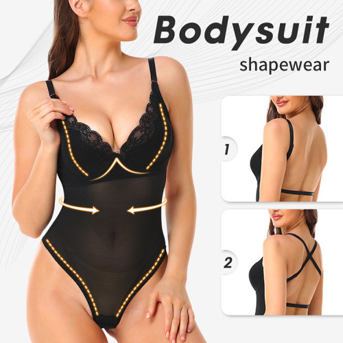 Large size tight fitting suit with shoulder straps, two piece jumpsuit, lace bra, deep V backless evening dress, shapewear T210632