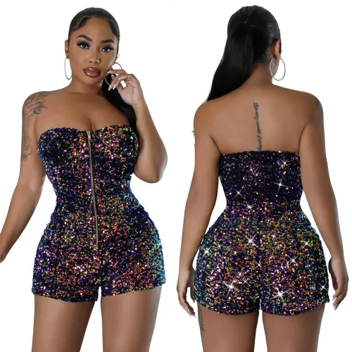 CY900933 European and American Amazon strapless zippered jumpsuit fashion sequin nightclub party short skirt pants for women