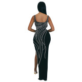 CY900975 European and American Amazon Foreign Trade Hot Selling New Fashion Sling Solid Color Hot Diamond High Split Dress