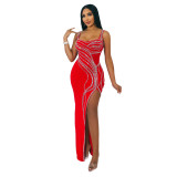 CY900975 European and American Amazon Foreign Trade Hot Selling New Fashion Sling Solid Color Hot Diamond High Split Dress