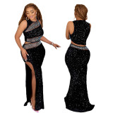 CY901000 European and American sleeveless short top paired with high slit wrapped hip skirt, hot diamond sequin two-piece set for women