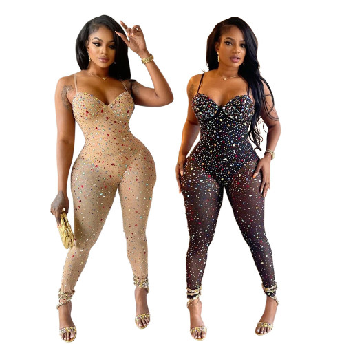 CY900953 Amazon Foreign Trade New Sexy Perspective Mesh jumpsuit Women's Fashion Hot Diamond Sling Pants