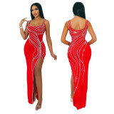 CY900975 European and American Amazon Foreign Trade Hot Selling New Fashion Sling Solid Color Hot Diamond High Split Dress