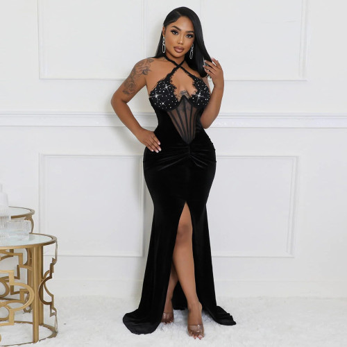 CY900977 European and American Lace up Neck Hanging High Split Solid Color Hot Diamond Dress Sexy Evening Dress with Mesh Sleeves