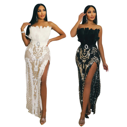 CY900978 European and American foreign trade strapless high slit sequin dress for women