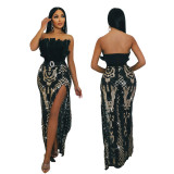 CY900978 European and American foreign trade strapless high slit sequin dress for women