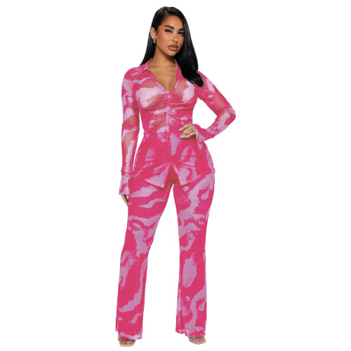 YD8772-C6 European and American women's clothing, Amazon's new sexy and fashionable mesh printing two-piece set for cross-border women