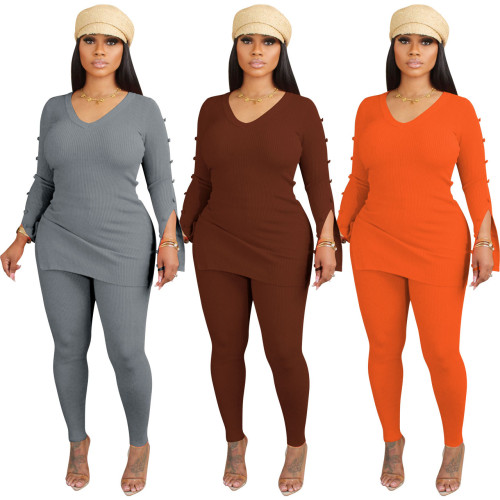 YD8792-C10 European and American women's clothing, Amazon's new fashion and leisure V-neck threaded two-piece set, cross-border women