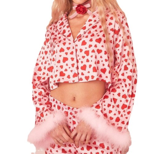 Spring New Amazon Cross border European and American Women's Wear Valentine's Day Sweet Open Navel Print Casual Set Pajamas