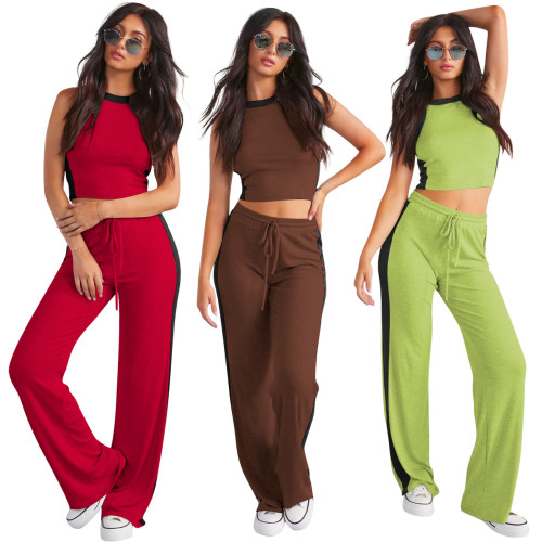 YD8777-B4 European and American women's clothing, Amazon's new fashion casual thread color blocking two-piece set, cross-border women