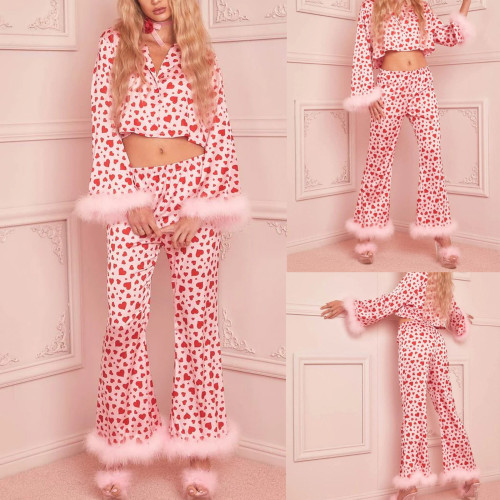 Spring New Amazon Cross border European and American Women's Wear Valentine's Day Sweet Open Navel Print Casual Set Pajamas