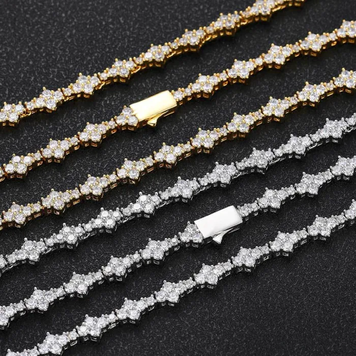 European and American Hip Hop 6.5mm Spring Buckle Aircraft Tennis Chain Zircon Necklace Jewelry Female Cross border Men's Couple Bracelet