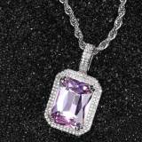 Popular hip-hop jewelry from Europe and America, square colored gemstone pendant necklace with micro inlaid zircon trendy brand men's pendant