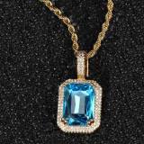Popular hip-hop jewelry from Europe and America, square colored gemstone pendant necklace with micro inlaid zircon trendy brand men's pendant