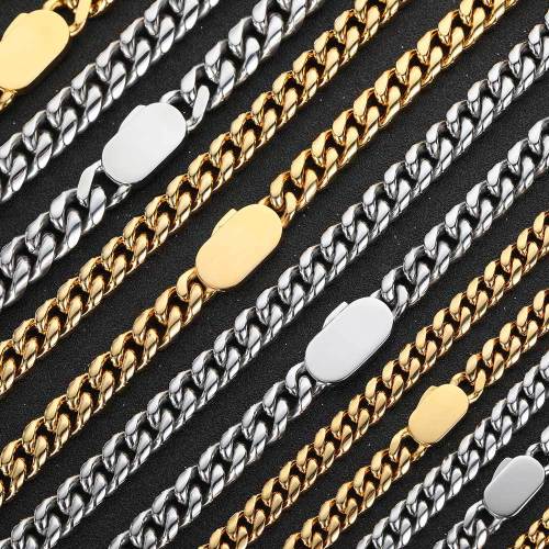 European and American hip-hop single side spring buckle stainless steel encrypted Cuban chain trendy brand titanium steel jewelry 18K gold necklace bracelet