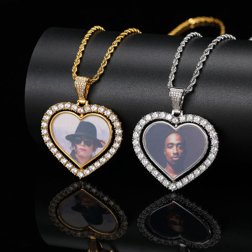 Cross border hip-hop from Europe and America, double-sided heart, rotatable photo pendant, copper inlaid zircon frame, men's necklace jewelry, women's