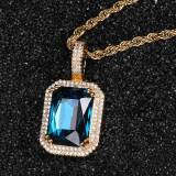 Popular hip-hop jewelry from Europe and America, square colored gemstone pendant necklace with micro inlaid zircon trendy brand men's pendant