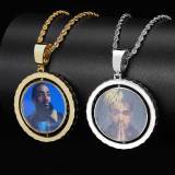 European and American hip-hop memory rotatable double-sided circular photo pendant with micro inlaid zircon trendy hip-hop frame necklace