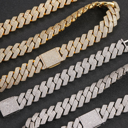 European and American trendy men's bracelet 20mm flip buckle three row zircon diamond Cuban chain coarse hip-hop necklace wholesale