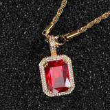 Popular hip-hop jewelry from Europe and America, square colored gemstone pendant necklace with micro inlaid zircon trendy brand men's pendant