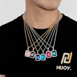 Popular hip-hop jewelry from Europe and America, square colored gemstone pendant necklace with micro inlaid zircon trendy brand men's pendant