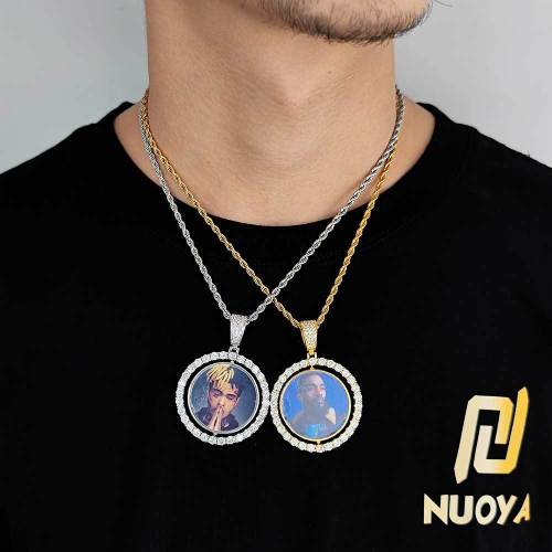 European and American hip-hop memory rotatable double-sided circular photo pendant with micro inlaid zircon trendy hip-hop frame necklace